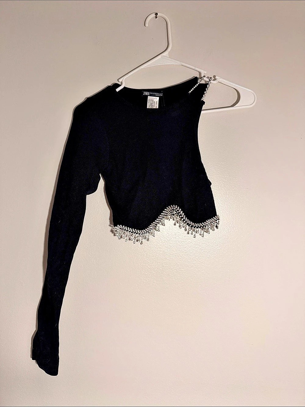 ZARA Rhinestone Fringe Asymmetric Top Black Size Small